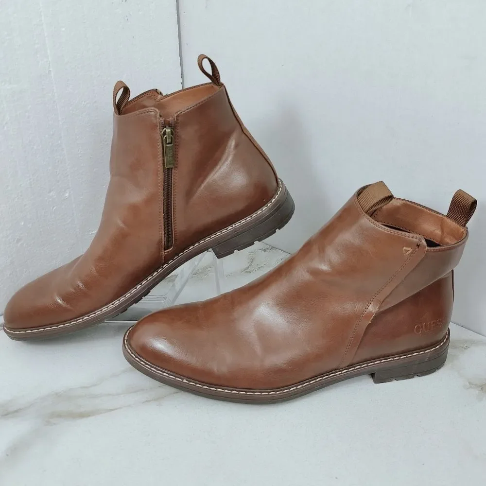 Guess Men Gmdaming Brown Faux Vegan Leather Side Zip Chukka Ankle Boots, Sz 9.5